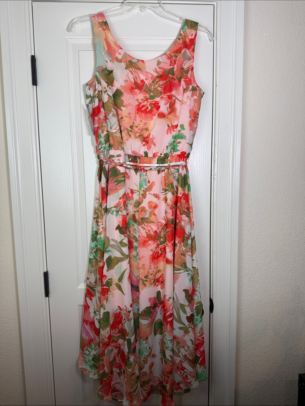 MSK Pink Floral Sleeveless High-Low Belted Dress - Picture 3 of 5